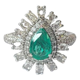 Set in 18k Gold, Natural Zambian Emerald & Rose Cut Diamond Engagement Ring, Size 6 For Sale