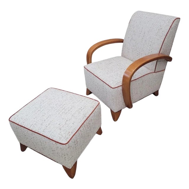 Art Deco Jindrich Halabala Style Lounge Chair & Ottoman Newly Reupholstered in Boucle For Sale