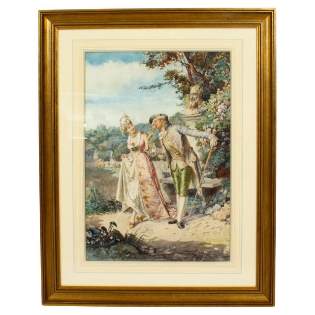 This is a beautiful antique watercolour called "The Romantic Walk" by Belisario Gioja (1829-1906) Italian. The watercolour...