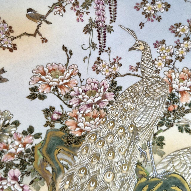 Ceramic Large Meiji Japanese Satsuma Moriage Charger with Peacocks and Wisteria For Sale - Image 7 of 11