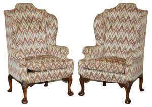 Set of Antique Kilim Fabric Wingback Armchairs with Carved Claw & Ball Feet, 1900