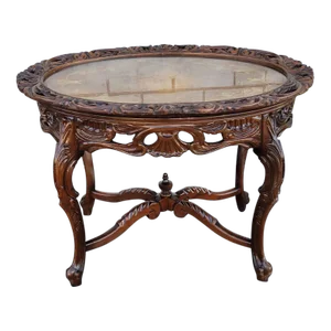 1930s French Style Walnut Carved Side Table With Glass Top - Tray Accent