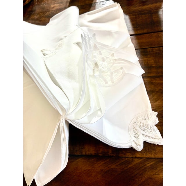 White Vintage Handmade White Battenburg Lace Napkins Embroidered Borders Cotton - Set of 12 For Sale - Image 8 of 11