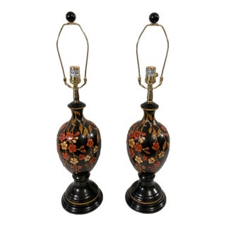 Toleware-Look Fall Colors Chinoiserie Ceramic Table Lamps by Oriental Accent - A Pair For Sale