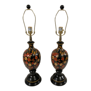 Toleware-Look Fall Colors Chinoiserie Ceramic Table Lamps by Oriental Accent - A Pair