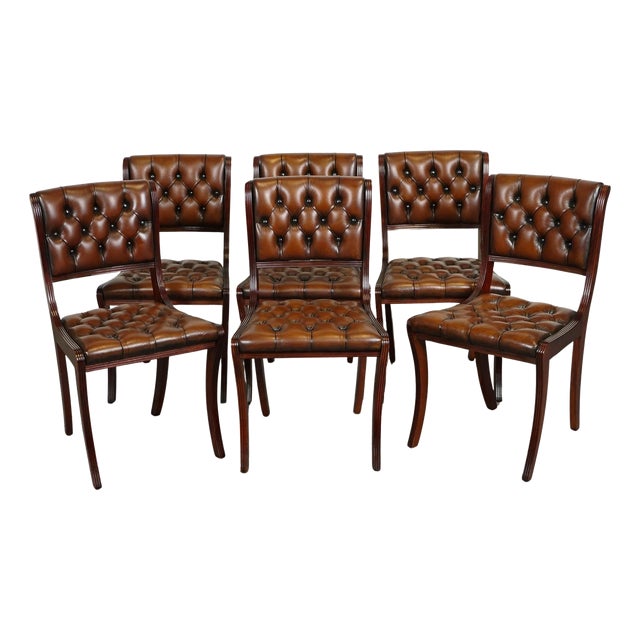 Chesterfield Leather Dining Chairs, Set of 6 For Sale