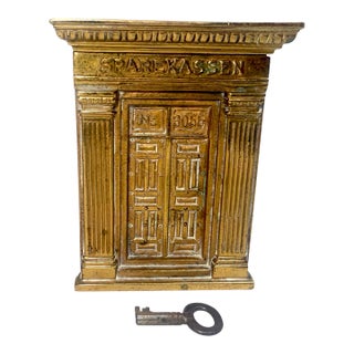 Rare Antique Sparekassen Denmark Brass Savings Building Still Coin Bank W/ Key For Sale