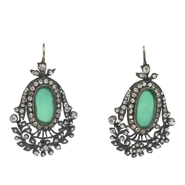 Vintage Czech Rhinestone, Rhodium, Silver, Green Glass Dangle Pierced Earrings Pair Of For Sale