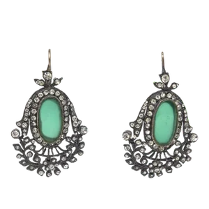 Vintage Czech Rhinestone, Rhodium, Silver, Green Glass Dangle Pierced Earrings Pair Of