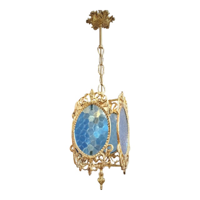 1960s Ceiling Light Vintage French Brass Blue Glass Chandelier For Sale