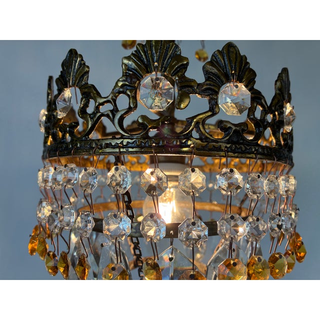 Rare Vintage Brass Crystal Chandelier | 1960s | Amber & Clear Crystal Pendant Light For Sale - Image 15 of 16