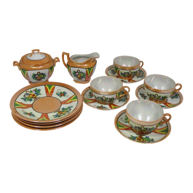 1940's Japanese Lusterware Art Deco Luncheon Set - 14 Pc For Sale