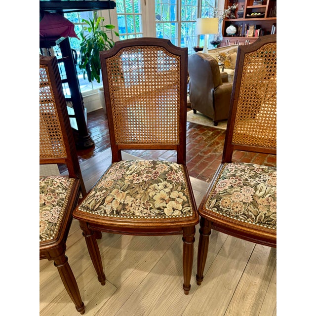 Brown 1970s French Louis XVI Walnut Cane Back Dining Chairs Set of 6 For Sale - Image 8 of 12