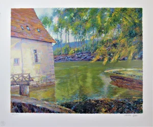 Anton Sipos, "Landscape with Pond" Large original color serigraph, Circa 1980