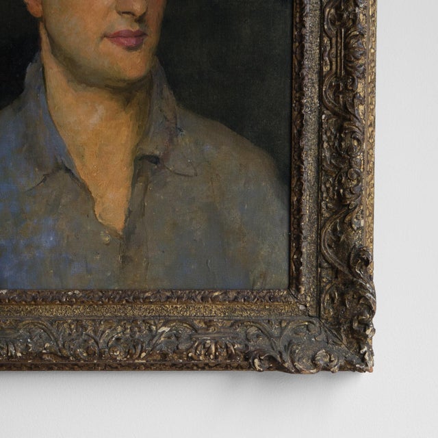 Captivating Portrait of a Man in an Open Shirt, Original Antique Oil Painting, Early 20th Century For Sale - Image 4 of 11