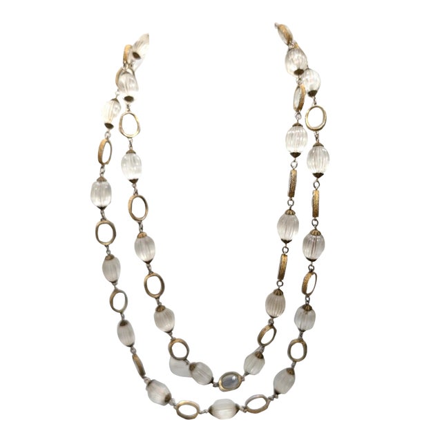 Vintage 1970s Signed DeLillo Goldtone Clear Beaded Sautoir Necklace For Sale