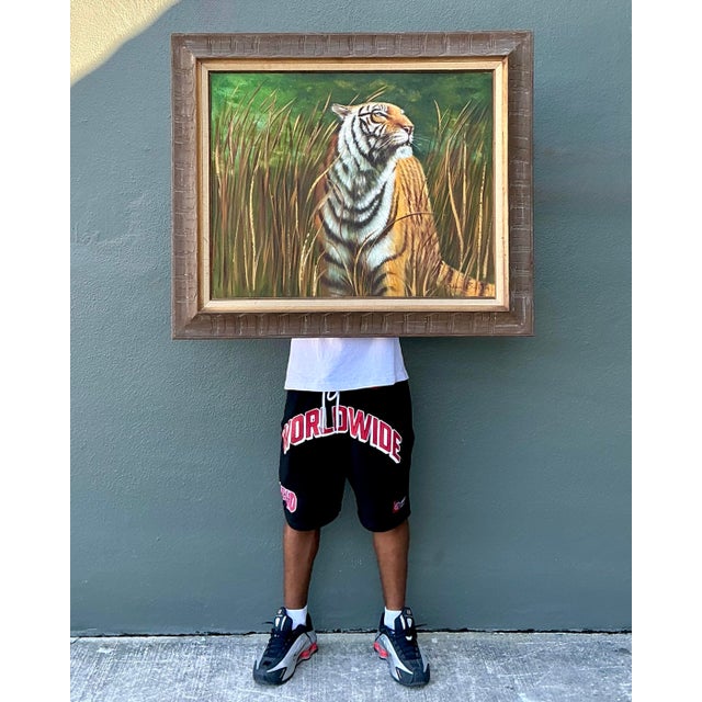 Wood Vintage Aboriginal Oil Painting of Tiger For Sale - Image 7 of 12