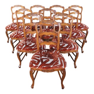 Mid 20th Century Spanish Country French Carved Floral Distressed Ladder Back Dining Chairs- Set of 10 For Sale