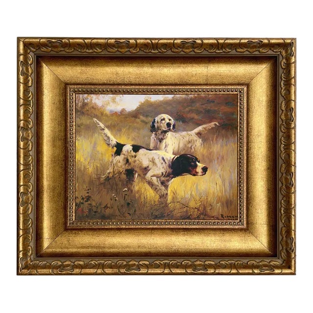 English Setters Print on Canvas in Wide Antiqued Gold Frame- an 8" X 10" Framed to 14" X 16" For Sale