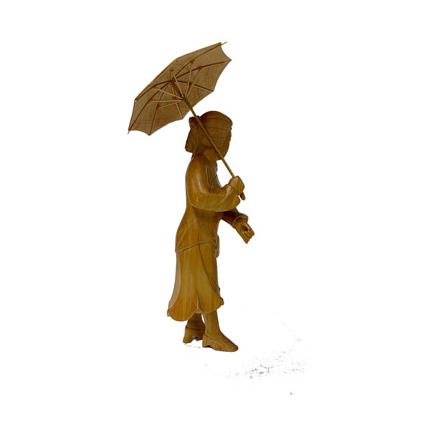 Wood Light Tan Wood Crafted Lady Holding Umbrella Art Figure For Sale - Image 7 of 9