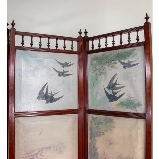 Mid-19th Century English Aesthetic Movement Oil on Canvas Four Panel Screen of Birds For Sale - Image 4 of 12