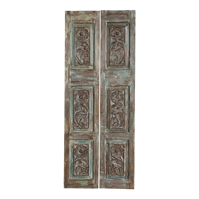 Antique Floral Carved Double Barn Doors in Distressed Blue – Handcrafted Sliding Doors80x32 For Sale
