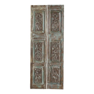 Antique Floral Carved Double Barn Doors in Distressed Blue – Handcrafted Wood Doors 80x32 For Sale