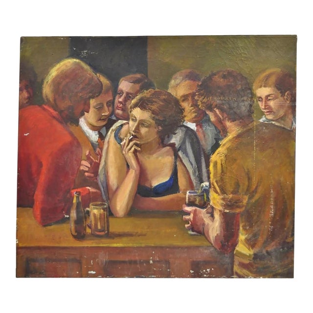 Vintage Patricia Stone "The Bar" Large Oil on Canvas Art Deco Painting, Signed For Sale