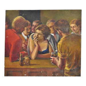 Vintage Patricia Stone "The Bar" Large Oil on Canvas Art Deco Painting, Signed