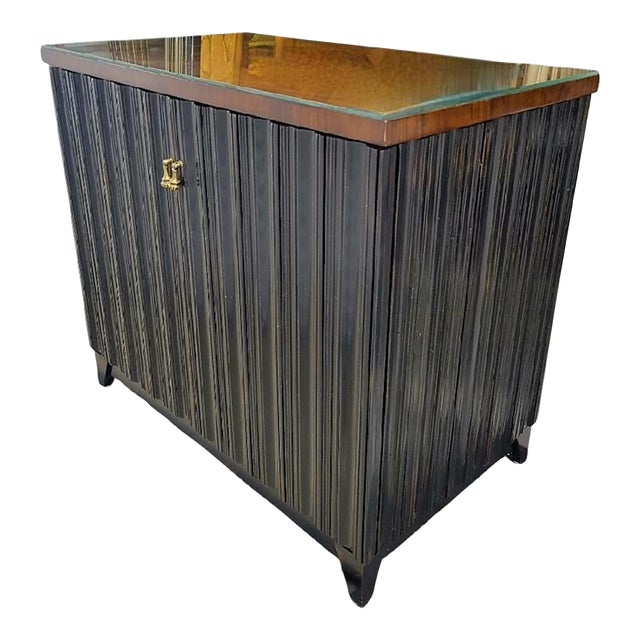 Vintage Baker Style Dark Espresso Fluted Wood Glass Top Side Buffet Storage Cabinet For Sale