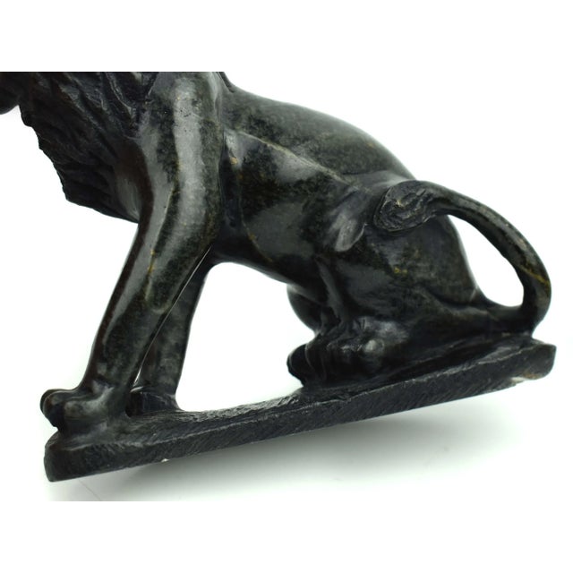 Dark Green Mid 20th Century Handcrafted Solid Stone Sitting Lion Figurine on Base For Sale - Image 8 of 9