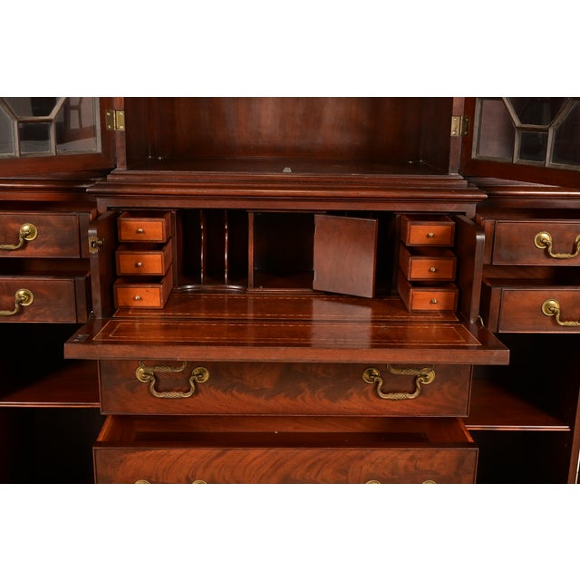 Brown Baker Furniture Style Georgian Flame Mahogany Breakfront Bookcase Cabinet With Drop Front Secretary Desk For Sale - Image 8 of 16
