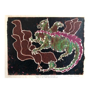 Unknown, Vintage Vibrant Mod Mythological Dragon Psychedelic Woodblock Woodcut Print, c.1960-1970s For Sale