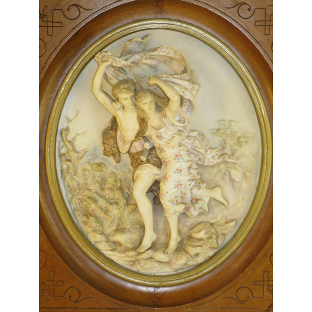 Antique Porcelain Plaque, "The Storm" (La Tempête) After: French Artist Pierre Auguste Cot, Walnut Frame, European Figurine For Sale - Image 11 of 12