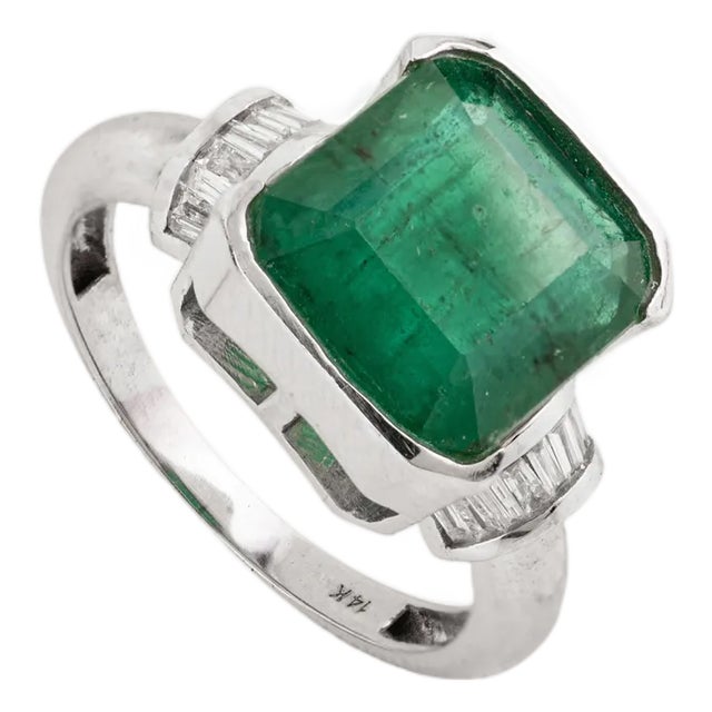 Art Deco 4.37 Carat Emerald & Baguette Diamond Ring Size 5.5 in 14k Gold For Sale
