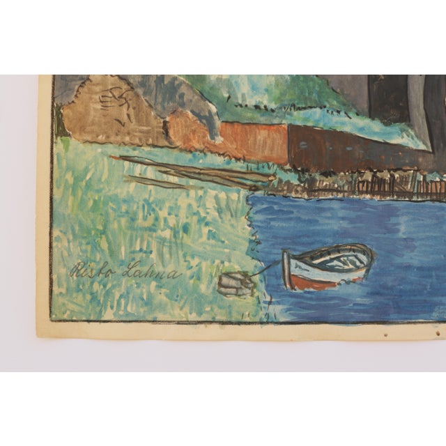 Paper Mid-Century Swedish Outsider Folk Art Original Watercolor Painting, Signed, Lakeside Fortress Landscape For Sale - Image 7 of 9