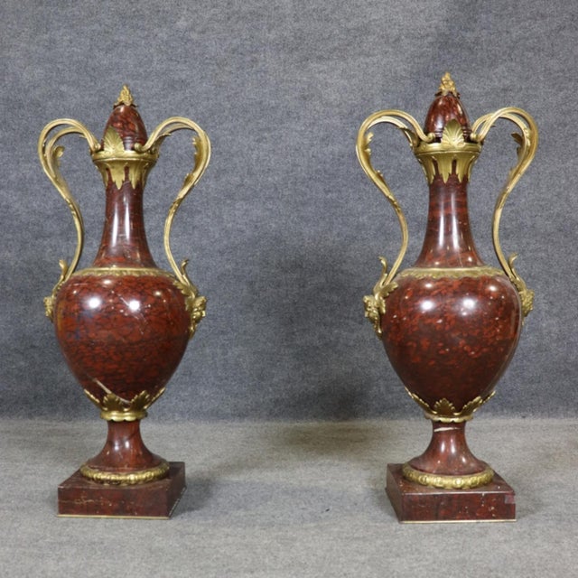 Oxblood Red 19th C Pair Palace Sized Rouge Marble and Bronze Mounted Cassolettes Urns For Sale - Image 8 of 16
