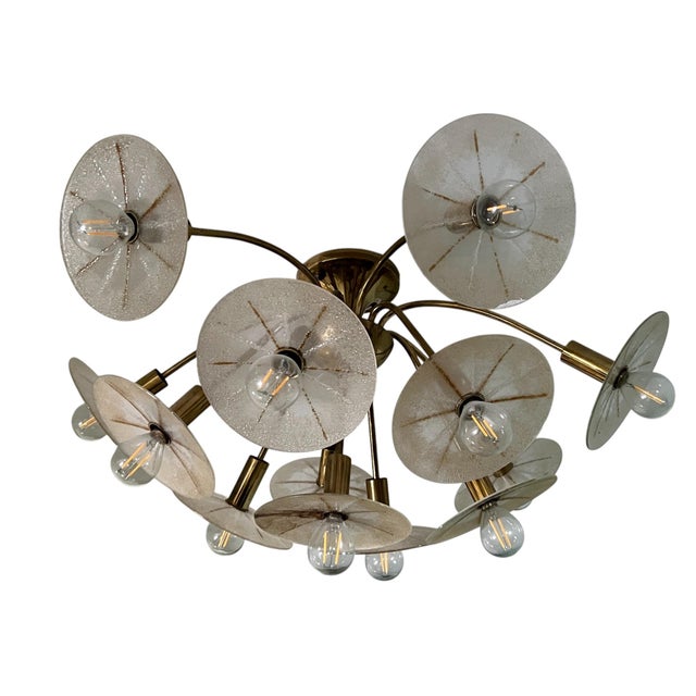 Brass Mid 20th Century Dandelion Art Glass Shade Chandelier Lightolier Designed by Gerald Thurston For Sale - Image 8 of 15