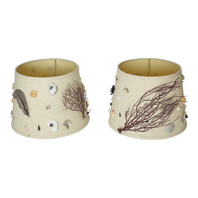 1970s Pair Coastal Sea Shell Linen Lamp Shades For Sale