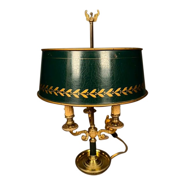 Late 19th Century French Empire Bouillotte Tole-Painted Lamp With Swan Finial, Circa 1890 For Sale