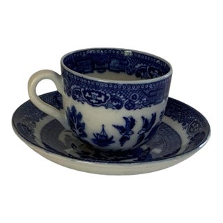 Antique Allertons Blue Willow Transferware Demitasse Espresso Cup & Saucer Made in Staffordshire England C. 1930s For Sale