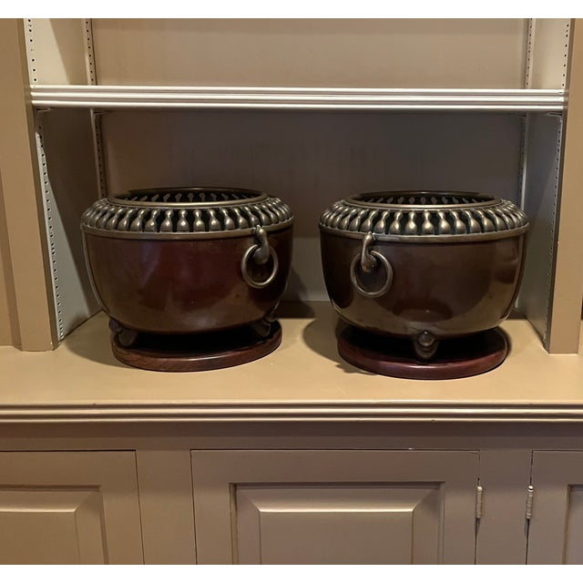 Art Deco Antique Japanese Art Deco Taisho Bronze Cachepot Planters or Orchid Pots, Circa 1920 - A Pair For Sale - Image 3 of 18