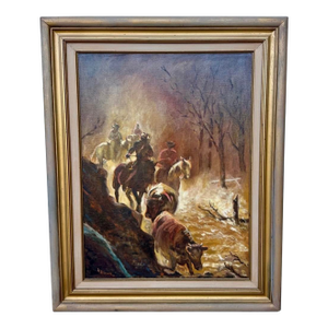 1970s Helen Ritchie — Flood Haters, Original Oil Painting Framed Horses Cattle