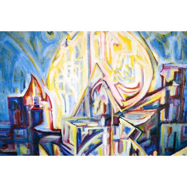 Abstract "Visions of the Metropolis" Visionary Moonlight and City Original Oil on Canvas For Sale - Image 3 of 5