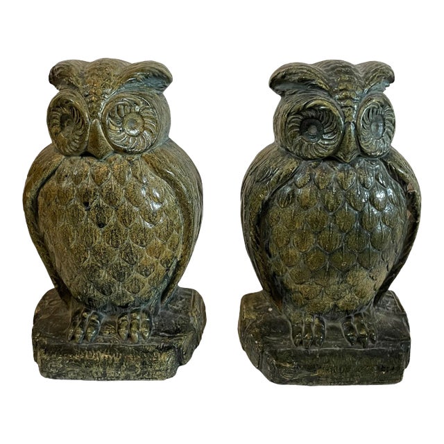 Vintage Ceramic Bronze-Colored Owl, Bookends For Sale