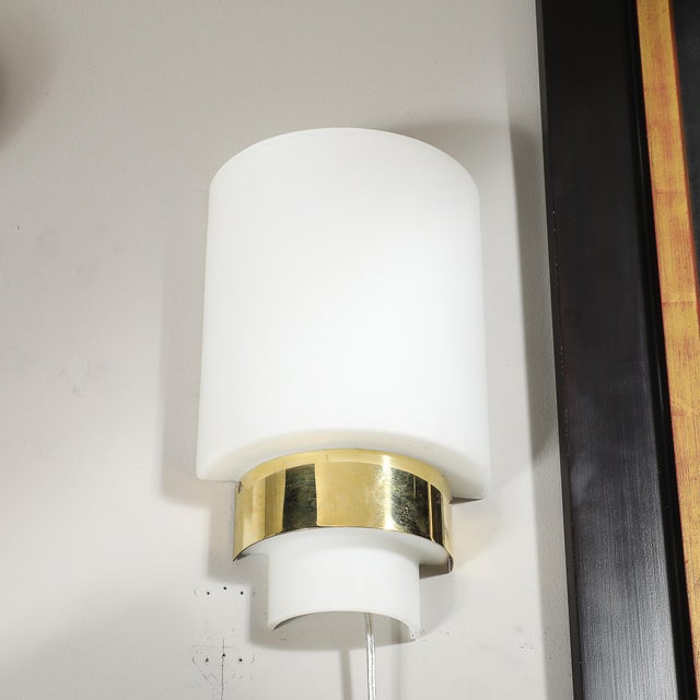 Pair of Mid-Century Modernist Minimal Frosted Glass & Brass Sconces For Sale - Image 13 of 13