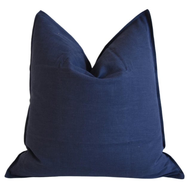 Traditional Belgian Royal Blue Woven Linen Feather/Down Pillow 22" Square For Sale - Image 3 of 6