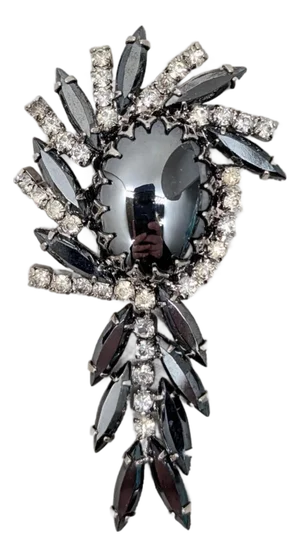 Vintage 1960s Delizza & Elster Cabochon Faux-Hematite With Dangle Drop Brooch