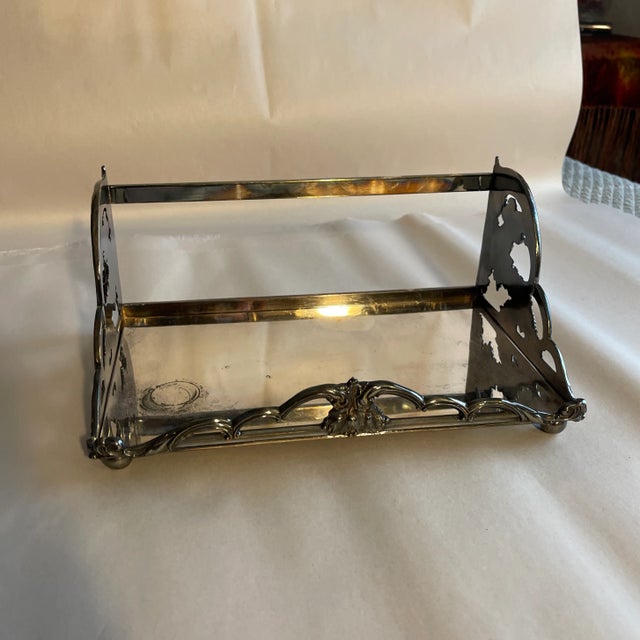 Gorgeous silver plate book stand or decanter tray with floral and fruits. Perfect addition to your home bar or desk!