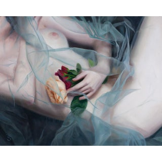 Whisper by Tina Spratt | Oil on panel Nude figure with roses and sheer fabric. For Sale